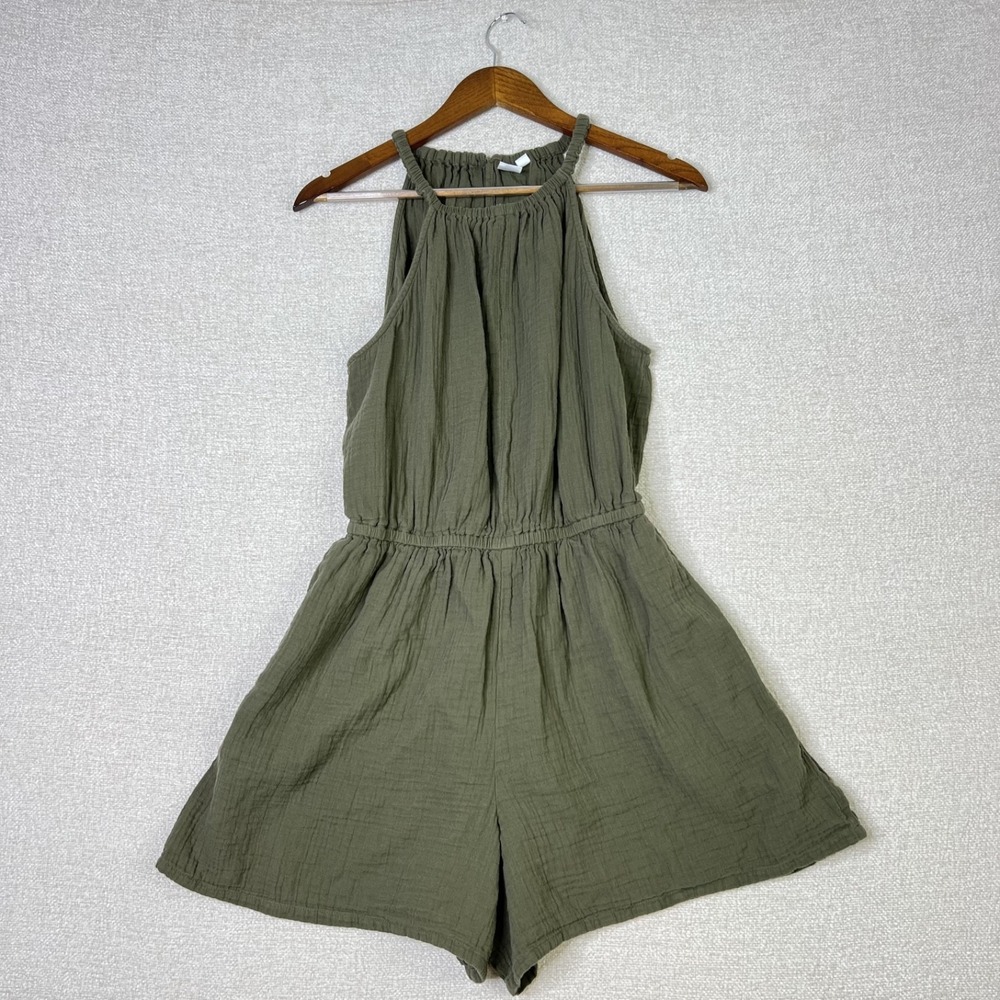 Gap 100% Cotton Romper Green Tea Boho Lagenlook Coastal Gauze Women's Size L - Picture 1 of 8